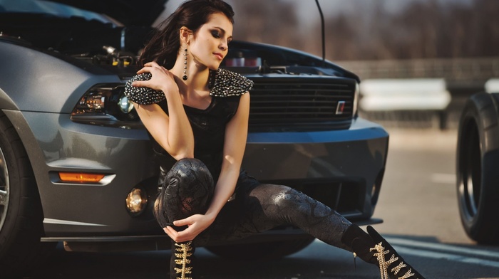 Sati Kazanova, brunette, girl, girl with cars, model, Ford Mustang