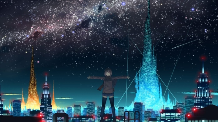 sky, night, city, anime, lights, girlie