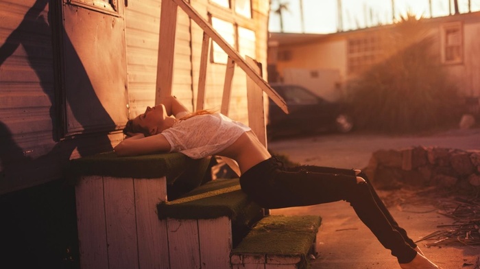 model, girl outdoors, sunset, girl