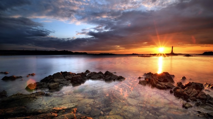 nature, sea, sunset, landscape, sky, rock