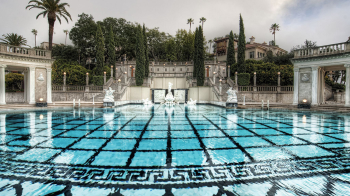 cities, water, palm trees, swimming pool, stairs