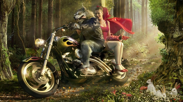 forest, motorcycle, creative, wolf