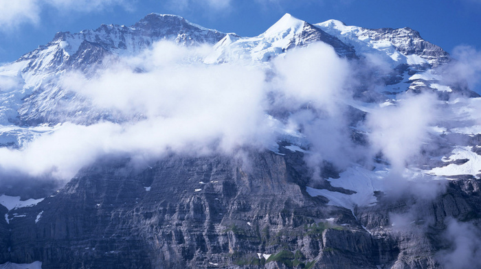 winter, mountain, rock, clouds