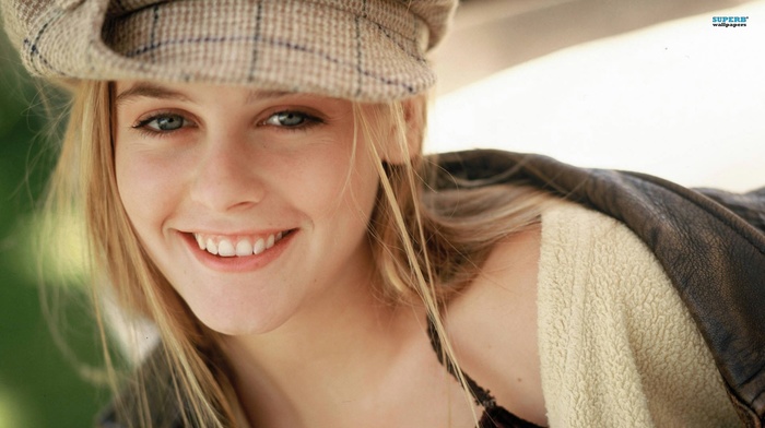 Alicia Silverstone, face, blue eyes, smiling, blonde