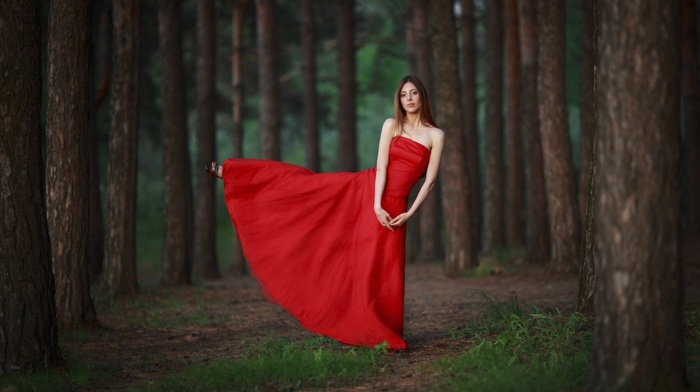 girl, red dress, trees