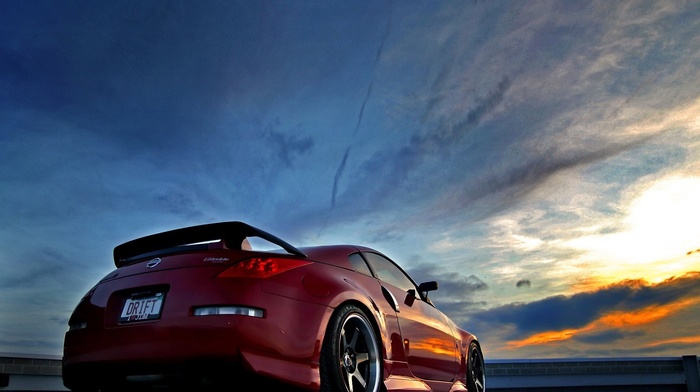 cars, red, sunset, Nissan