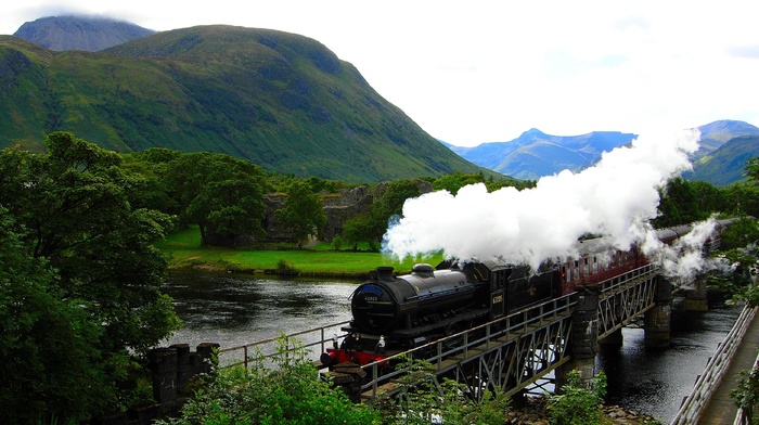 river, train, mountain