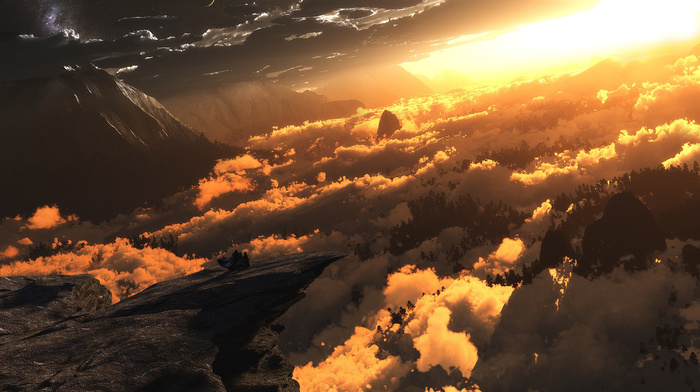 clouds, light, mountain, 3D