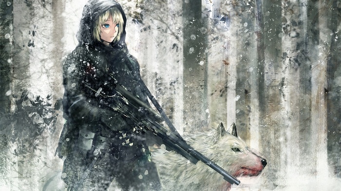 blood, anime, wolf, winter, girl, forest, drawing