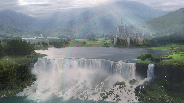 castle, rainbow, fantasy, waterfall, valley, landscape