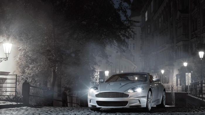 cars, lights, night, Aston Martin, mist