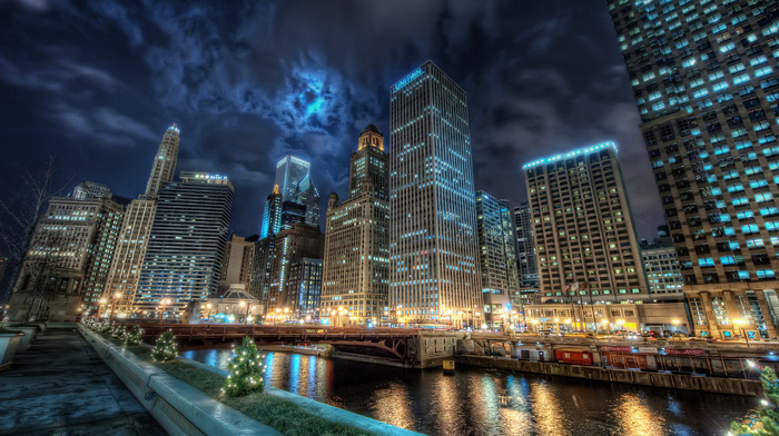 lights, cities, Chicago, water, city, reflection, night