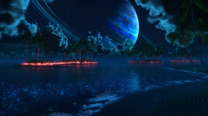 3D, night, planet, palm trees