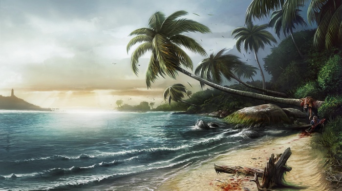 palm trees, sea, landscape, video games