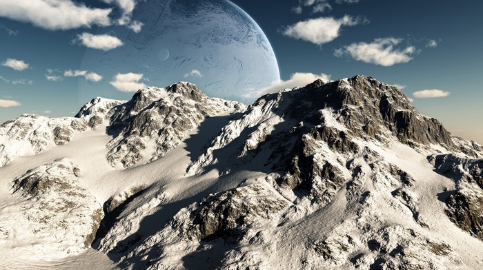 mountain, Earth, moon, sky, 3D