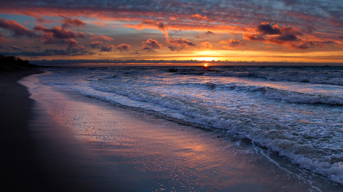 nature, sunset, water, coast, beach, sea, waves, Sun, sand