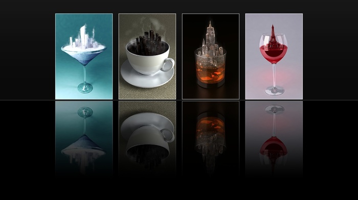 coffee, black background, glass, wineglass, tea, creative, reflection