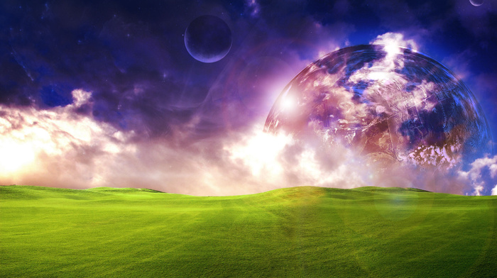 grass, planet, fantasy, field, light, grassland, space, sky, moon