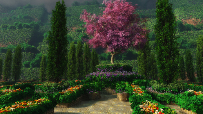 greenery, flowers, trees, 3D