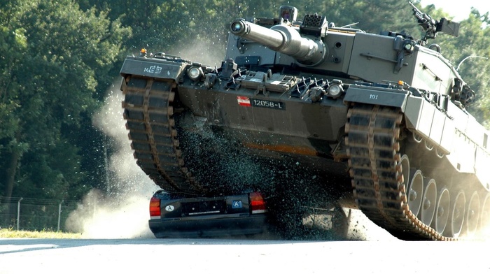 gun, tank, auto, trees, street