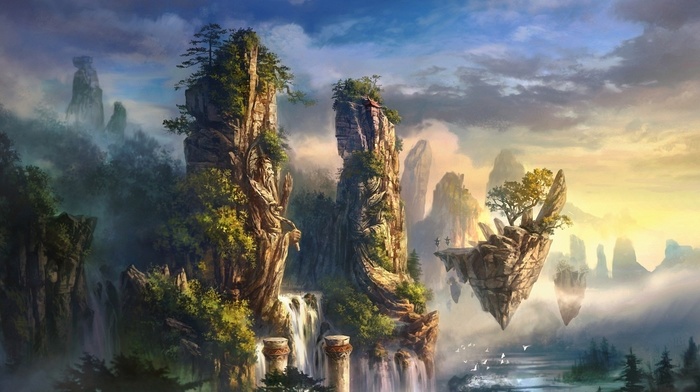 mist, landscape, birds, art, rocks, mountain, fantasy, waterfall