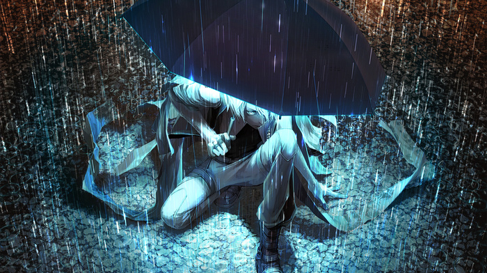 rain, anime, art, light, boy, night, umbrella