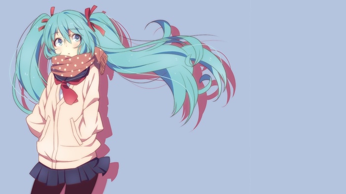 Vocaloid, sweater, blue hair, ribbon, Hatsune Miku, skirt