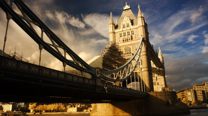 photo, bridge, clouds, river, sky, England, cities