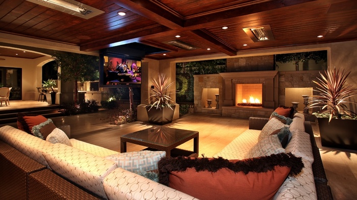 tree, lights, fireplace, couch, interior