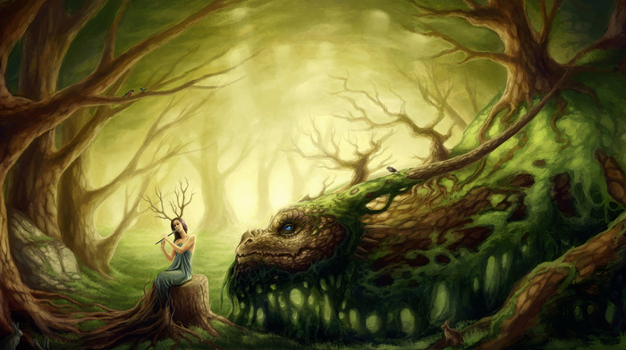 forest, girl, fantasy, dragon