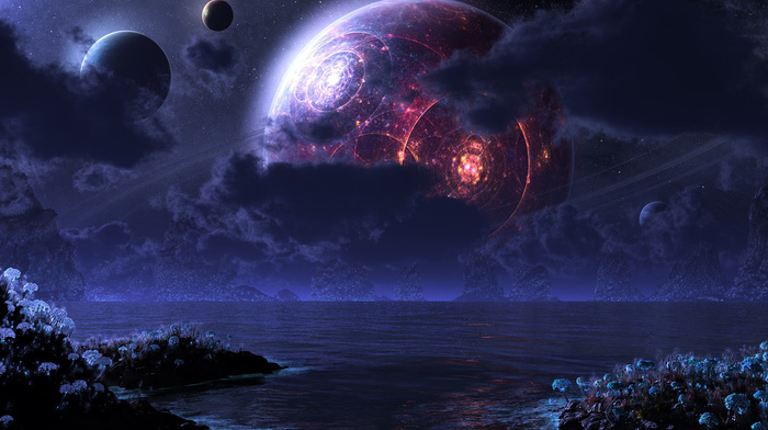 planets, sea, moon, 3D, night