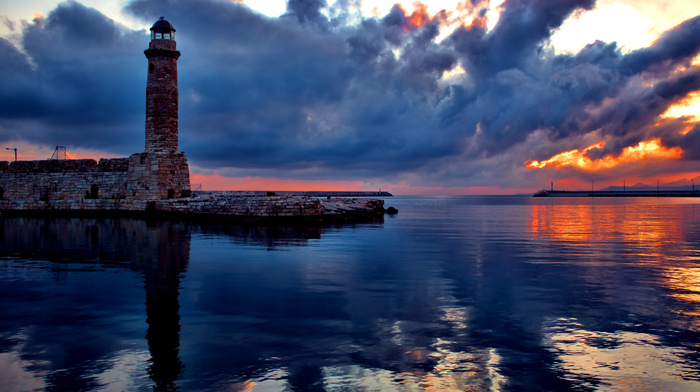 nature, reflection, sky, clouds, lighthouse, sunset