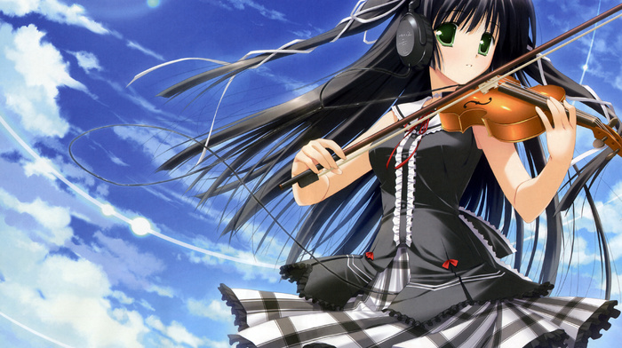 anime, violin, sky, girl, headphones, sight