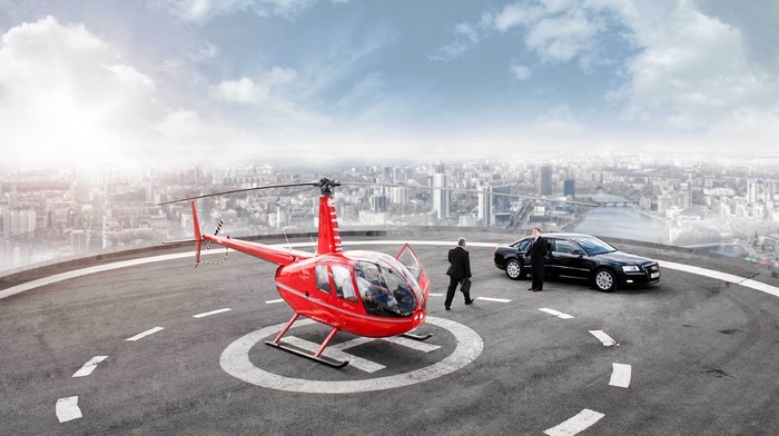 skyscraper, Audi, helicopter, aircraft