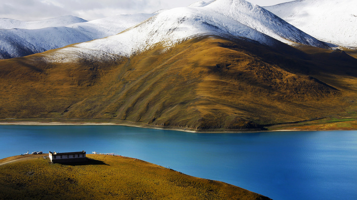 mountain, river, house, nature