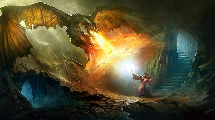 cave, magic, fantasy, dragon, fire