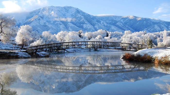 mountain, bridge, winter, river, nature, snow