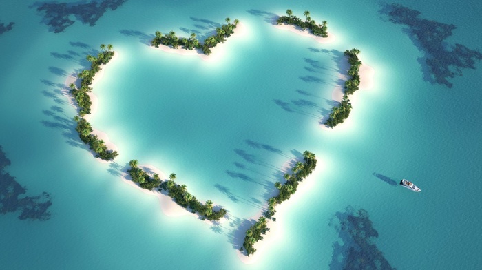 palm trees, love, heart, sea, sky, nature, yacht, ocean