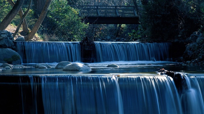 nature, waterfall, bridge