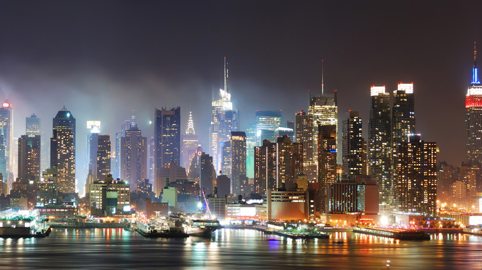 cities, houses, New York City, city, lights