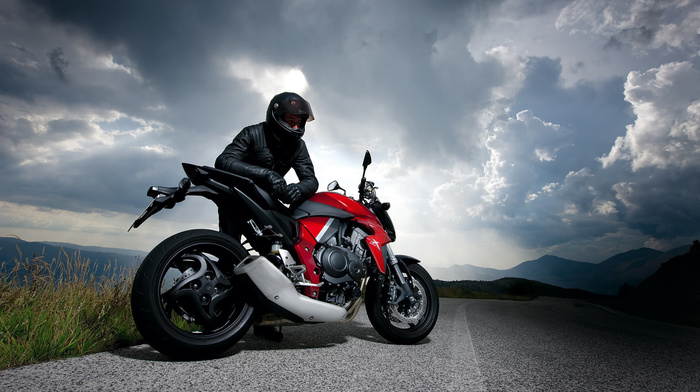 cars, road, clouds, motorcycle, sky, nature