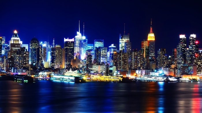 night, New York City, cities, lights