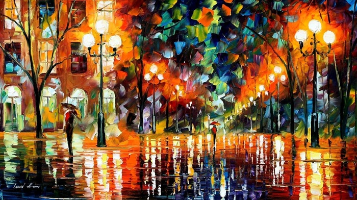 colorful, umbrella, Leonid Afremov, street, painting