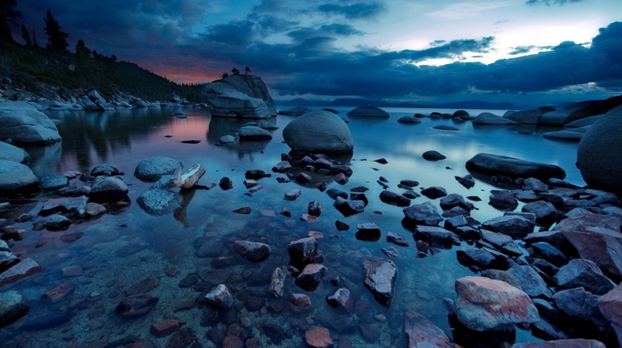 lake, nature, stones