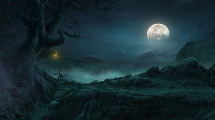 night, rocks, landscape, tree, video games, moon, clouds