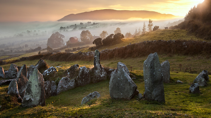 stones, mist, England, autumn, hills, nature, trees