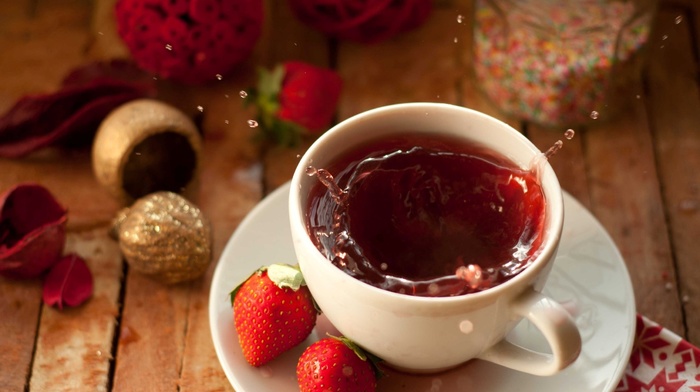 delicious, splash, strawberry, tea, cup