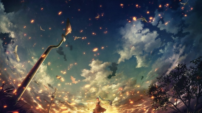 sunset, embers, Vocaloid, clouds, Hatsune Miku, anime, blue hair