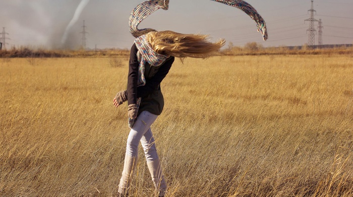 blonde, field, windy, tornado, wind, girl