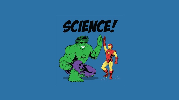 Iron Man, science, humor, Marvel Comics, Hulk, blue background